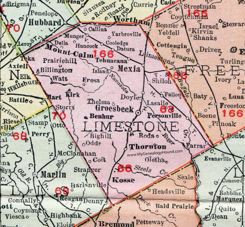 Limestone County, Texas, Map, 1911, Groesbeck, Mexia, Thornton, Kosse, Tehuacana, Coolidge