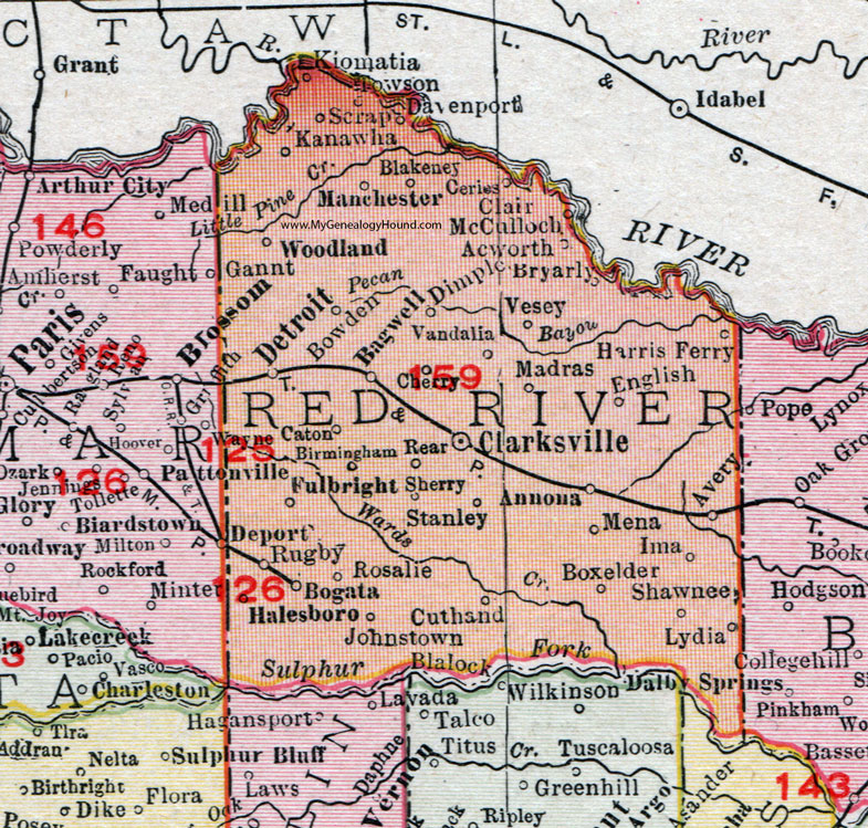 Red River County, Texas, 1911 Map, Rand McNally, Clarksville, Detroit, Bogata, Johnstown, Avery, Annona, English, Bagwell, Woodland, Kanawha, Mena, Vandalia, Rosalie, Halesboro
