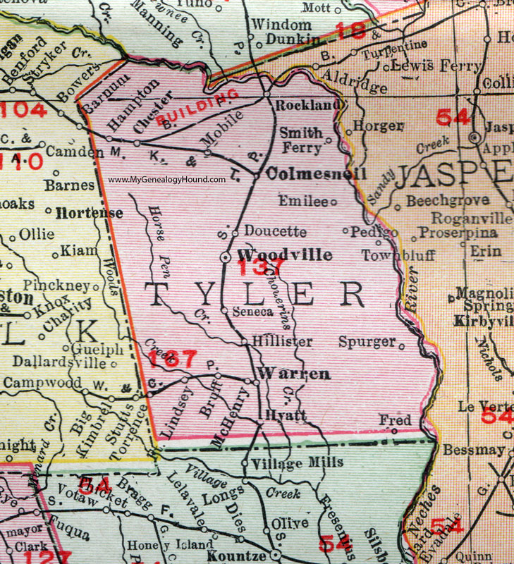 Tyler County, Texas, 1911 Map, Rand McNally, Woodville, Colmesneil, Hillister, Doucette, Spurger, Warren, Hyatt, Chester, Smith Ferry, Pedigo, McHenry, Lindsey, Bruff, Seneca, Rockland