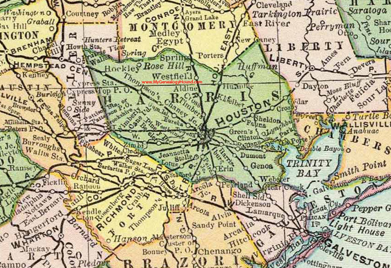Harris County, Texas 1897 Map Houston, Westfield, Crosby, La Porte, Huffman, Aldine, Harrisburg, Cross Timbers, Sheldon, Humble, TX