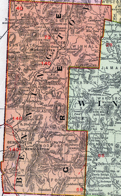 Bennington County, Vermont, 1911, Map, Rand McNally, Manchester, Arlington, Readsboro, North Pownal, East Dorset, Dorset, Bondville, Shaftsbury