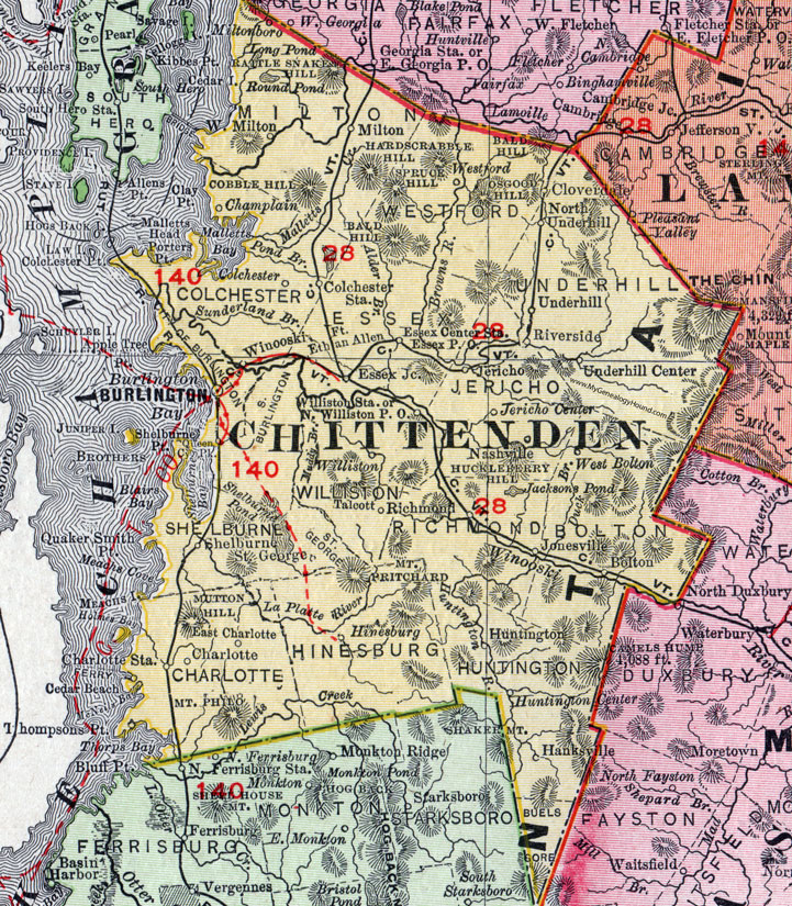 Chittenden County, Vermont, 1911, Map, Rand McNally, Burlington, Winooski, South Burlington, Richmond, Essex Junction, Shelburne, Charlotte, Huntingdon