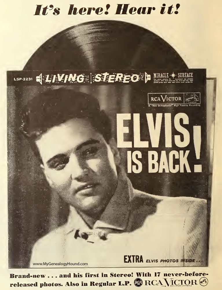 Elvis Presley, Elvis Is Back! record album, vintage advertisement, 1960, photo