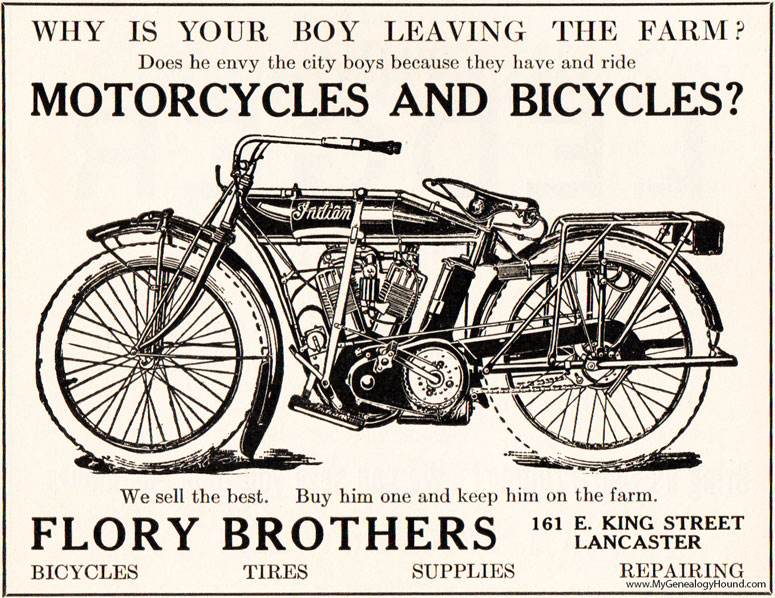 Lancaster, Pennsylvania, Flory Brothers, 1914, vintage advertisement, Indian Motorcycle