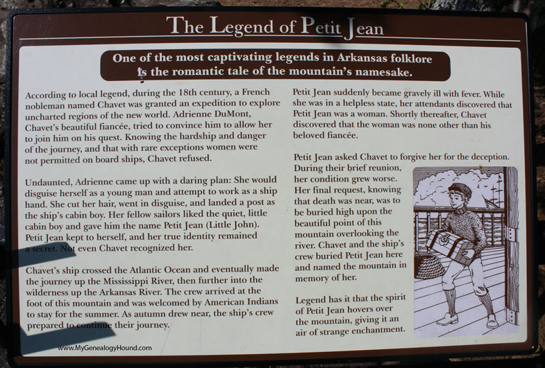 Historic marker near the grave of Petit Jean on Petit Jean Mountain, Arkansas.