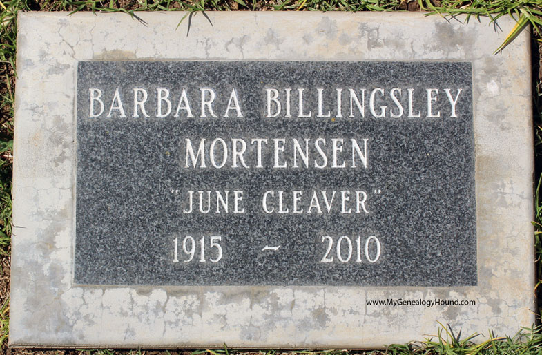 Barbara Billingsley Mortensen, “June Cleaver” on Leave It To Beaver, grave, tombstone, Woodlawn Memorial Cemetery, Santa Monica, California, photo