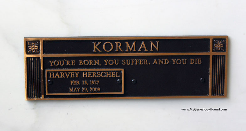 An enlarged view of the nameplate of Harvey Herschel Korman on his mausoleum crypt.