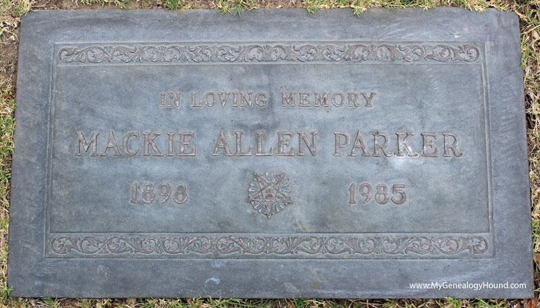 The grave and tombstone of Mackie Allen Parker, 1898-1985, the mother of the actor, Fess Parker.