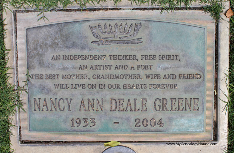 The grave of Nancy Ann Deale Greene, wife of Lorne Greene