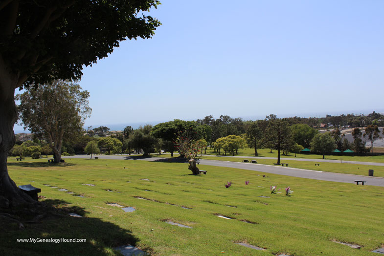 A view to the west of the Pacific Ocean as seen from the grave site of John Wayne, Pacific View Memorial Park Cemetery, Newport Beach, California.