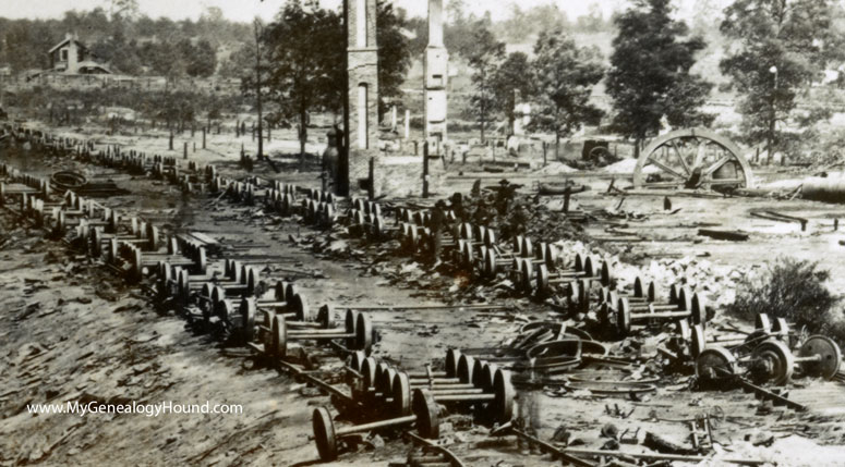Detail of destroyed ordnance train of Confederate General John Bell Hood at Atlanta, Georgia, historic photo.