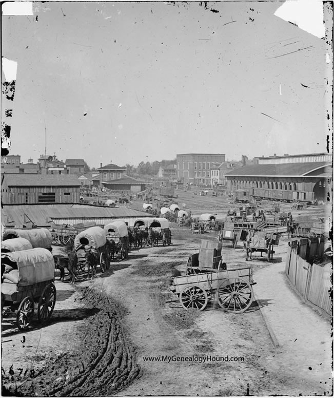 Atlanta, Georgia, Railroad Depot, Federal Army Wagon Train, 1864, historic photo