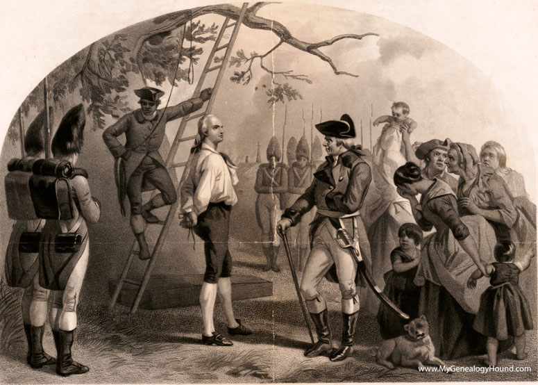 An 1858 engraving by Alexander Hay Ritchie of the hanging of Nathan Hale, September 22, 1776