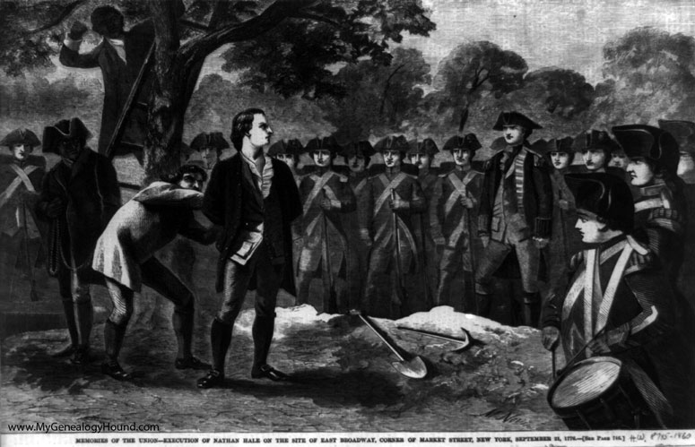 An 1860 engraving of the hanging of Nathan Hale, originally printed in the November 24, 1860 edition of Harper's Weekly.