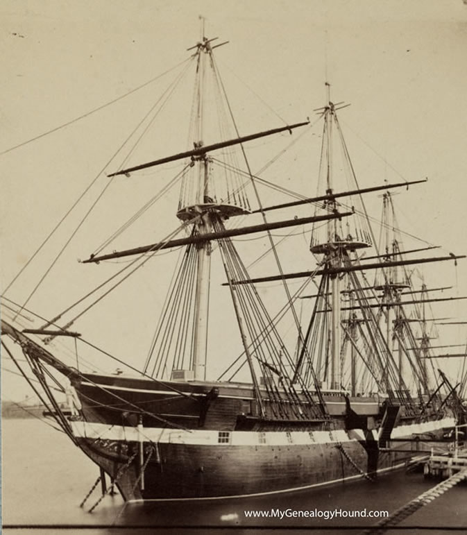 Navy Frigate, USS Constitution, "Old Ironsides", at dock, showing her masts without sails, 1861-1865