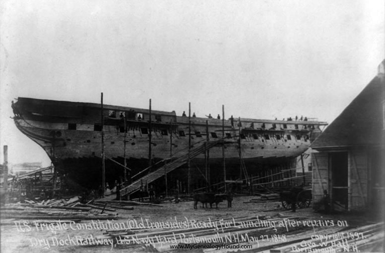 U.S. Frigate Constitution, ready for launching after repairs on Dry Dock Railway, U.S. Navy Yard, Portsmouth, New Hampshire, on May 27, 1858