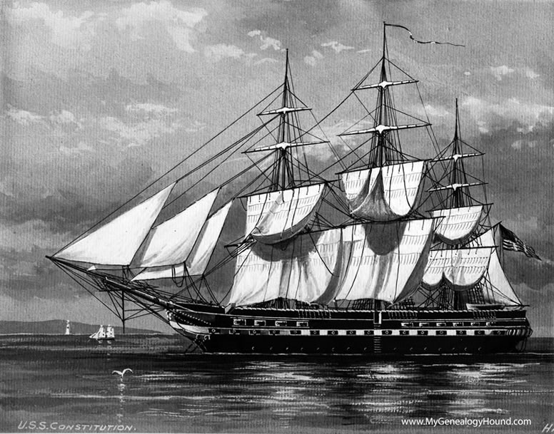 print of the Navy Frigate, USS Constitution, "Old Ironsides", port broadside, with full sails, 1900-1920