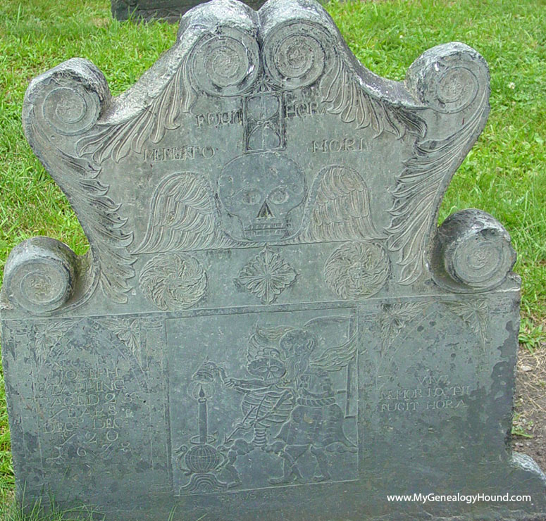 enlarged view of tombstone of Joseph Tapping in King's Chapel Burying Ground, Boston, Massachusetts