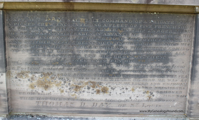 Springfield, Massachusetts, Captain William Day, tombstone and grave, inscription on the back side of monument