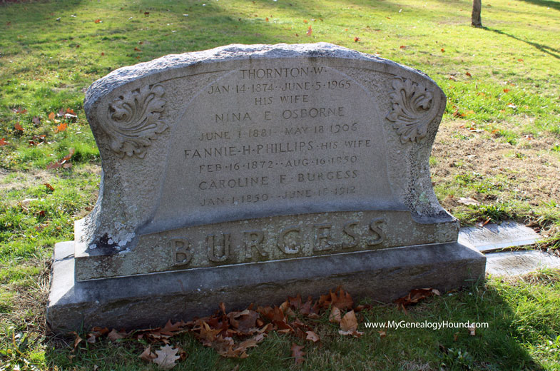 Springfield, Massachusetts, Thornton W. Burgess, tombstone and grave, photo