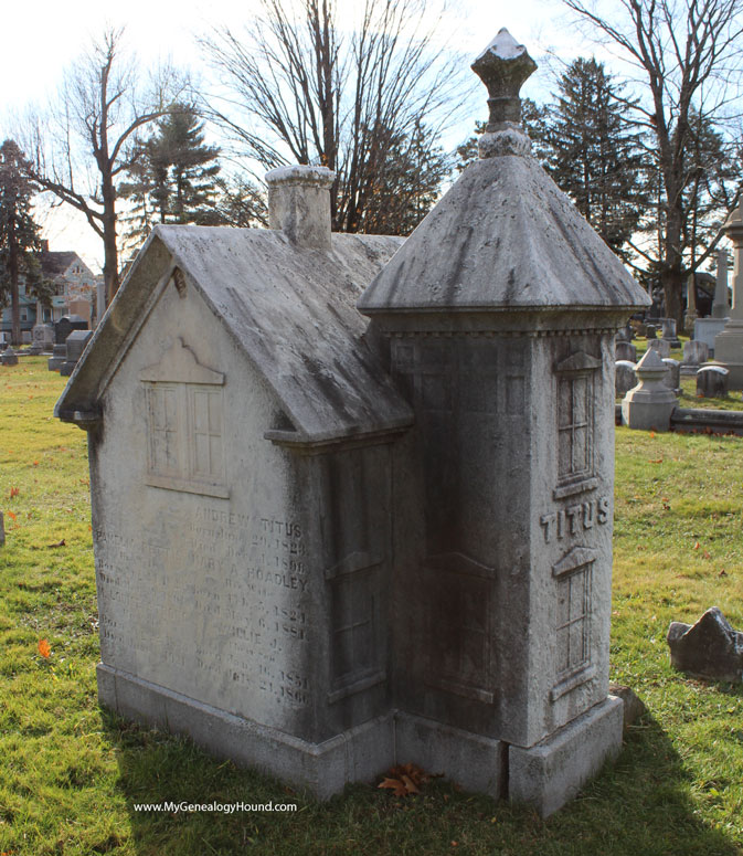 Springfield, Massachusetts, Titus Family Tombstone, House, Springfield Cemetery, photo, back right corner
