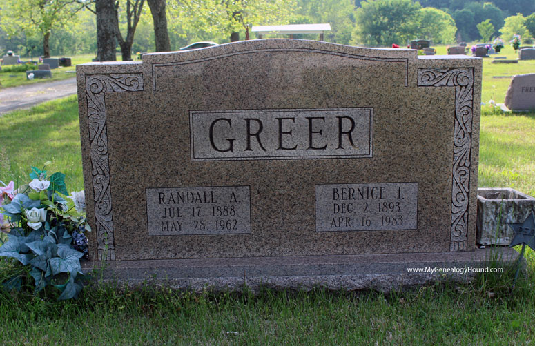 The tombstone and grave of Randall and Bernice Greer, the parents of Robert William "Dabbs" Greer.