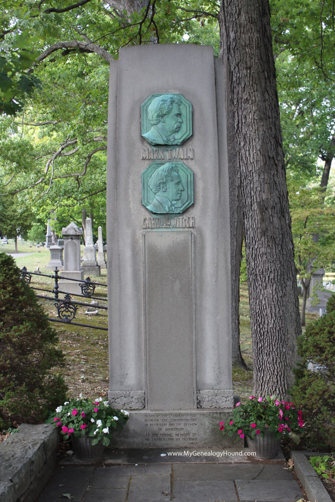 The monument at the family burial plot of Samuel Clemens - Mark Twain, Elmira, New York.