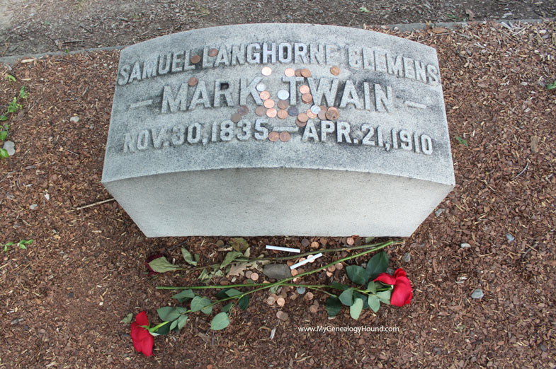 The grave and tombstone of Samuel Langhorne Clemens, Mark Twain, Woodlawn Cemetery, Elmira, New York.