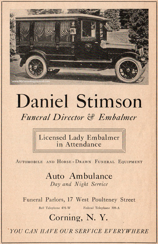 Corning, New York, Daniel Stimson, Funeral Director, ad image, photo