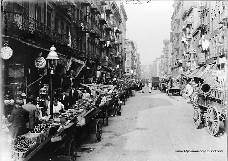 New York Italian Neighborhood with street market on Mulberry Street, historic photo