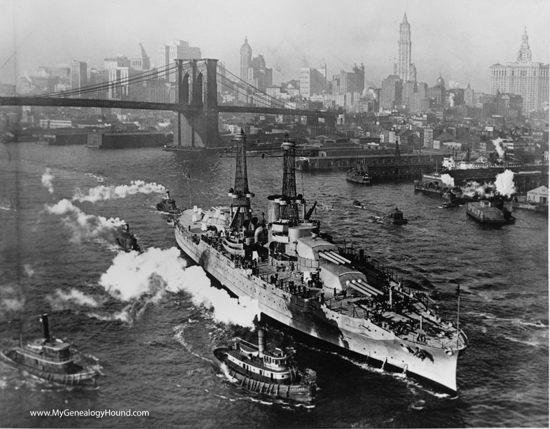 A 1918 photo of the USS Arizona sailing through the New York harbor with the New York City skyline in the background.