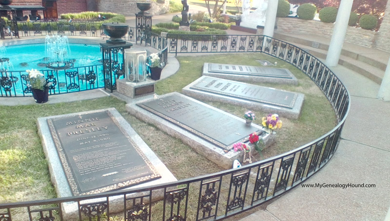 The graves of Elvis Presley, Minnie Presley, Vernon Presley, and Gladys Presley in the Meditation Garden, Graceland, Memphis, Tennessee