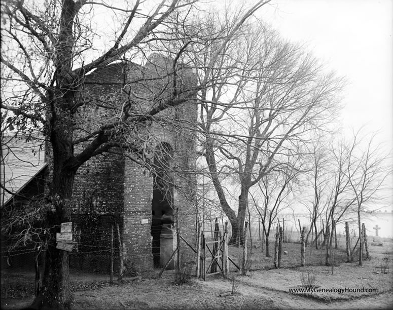 Old Church Tower, Jamestown, Virginia, 1639, with warning signs Old Church Tower, Jamestown, Virginia, 1639, with warning signs