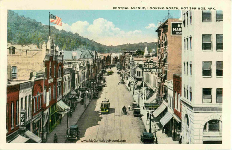 Hot Springs, Arkansas, Central Avenue Looking North, vintage postcard, historic photo