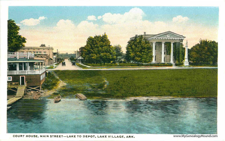 Lake Village, Arkansas, Court House, Main Street Lake to Depot, vintage postcard, historic photo