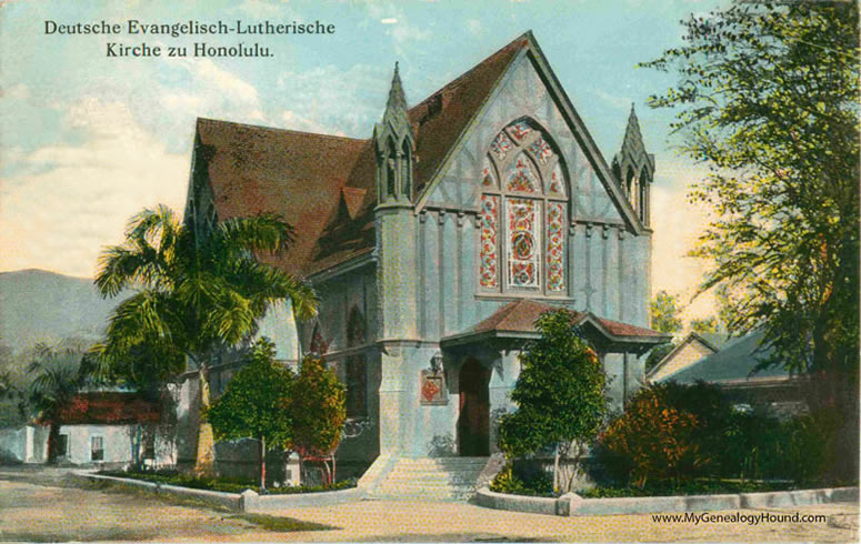 Honolulu, Hawaii, Deutsche Evangelisch Lutherische Kirch (German Evangelical Lutheran Church), vintage postcard, historic photo