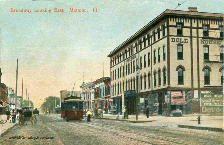 Mattoon, Illinois, Broadway looking East, vintage postcard, historic photo
