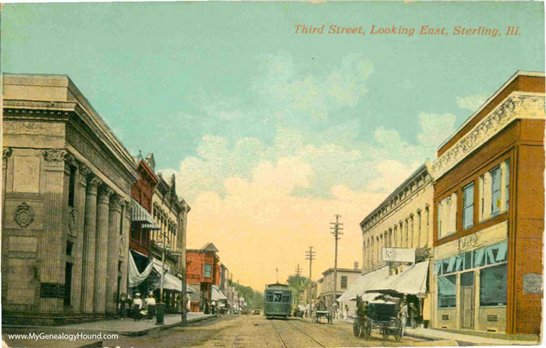 Sterling, Illinois, Third Street, Looking East, vintage postcard, historic photo