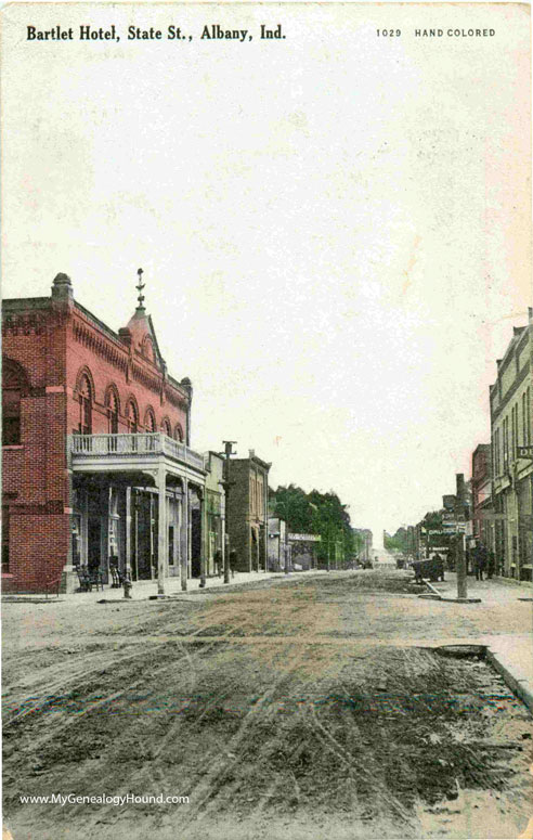 Albany, Indiana, Bartlet Hotel on State Street, vintage postcard photo