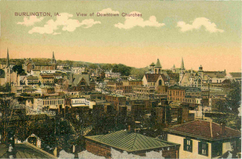 Burlington, Iowa, View of Downtown Churches, vintage postcard, historic photo