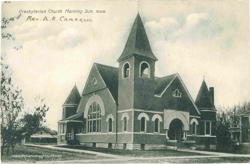 Morning Sun, Iowa, Presbyterian Church, vintage postcard, historic photo, 1910