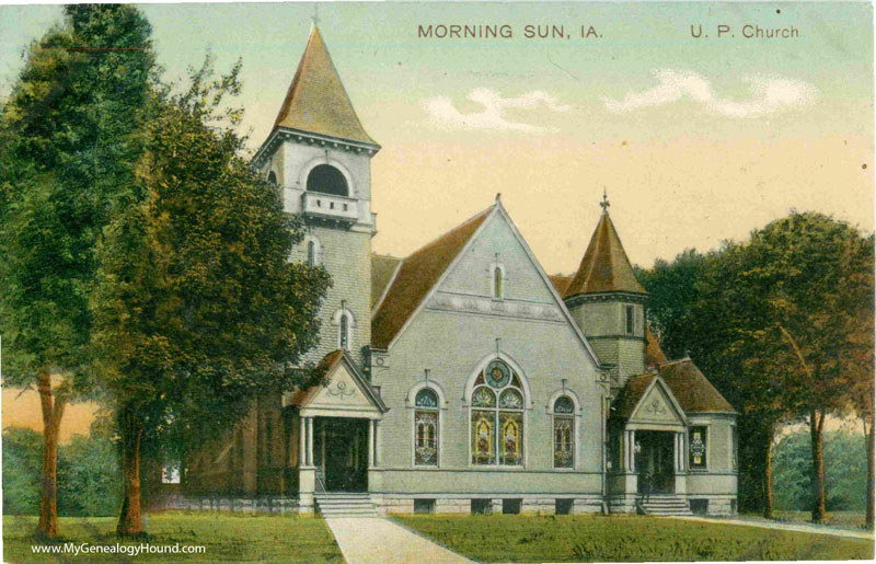 Morning Sun, Iowa, United Presbyterian Church, vintage postcard, historic photo, 1910-1915
