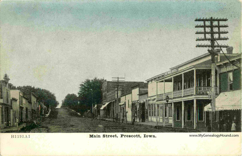 Prescott, Iowa, Main Street, vintage postcard, historic photo