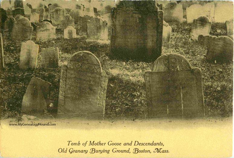 Boston, Massachusetts, Grave and Tombstone of Mary Goose, "Mother Goose", vintage postcard, Old Granary Burying Gound