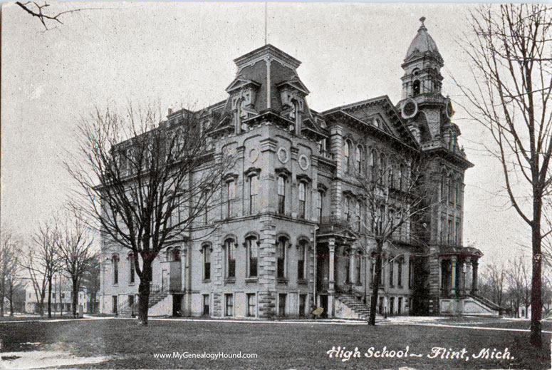Flint, Michigan, High School, 1907, vintage postcard photo