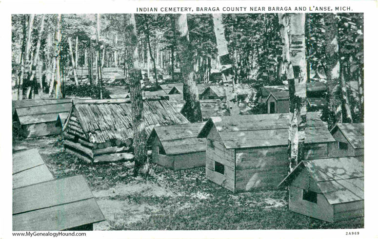 Indian Cemetery, Baraga County near Baraga and L'anse, Michigan, vintage postcard, historic photo