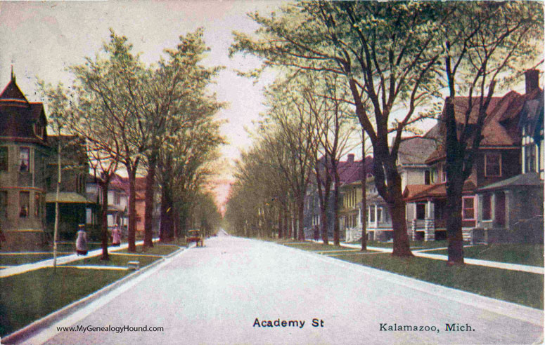 Kalamazoo, Michigan, Academy Street, vintage postcard photo