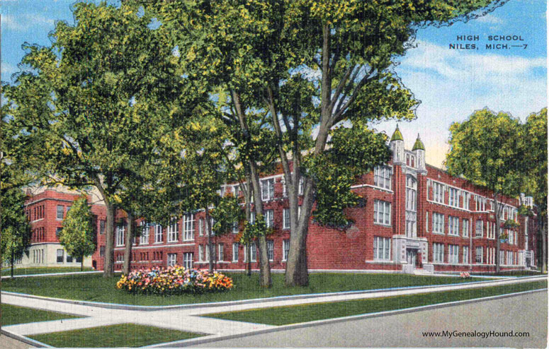 Niles, Michigan, High School, vintage postcard photo
