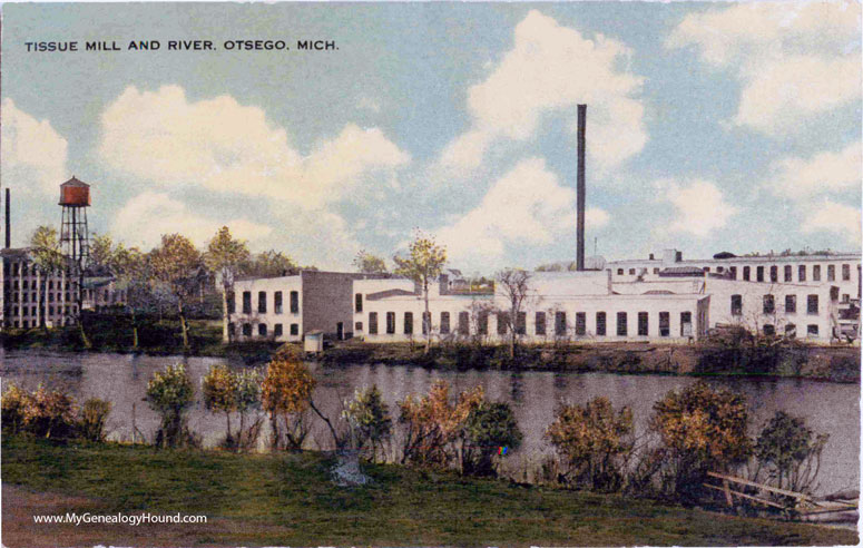 Otsego, Michigan, Tissue Mill and River, vintage postcard photo