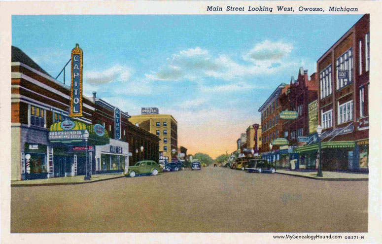 Owosso, Michigan, Main Street Looking West, vintage postcard photo
